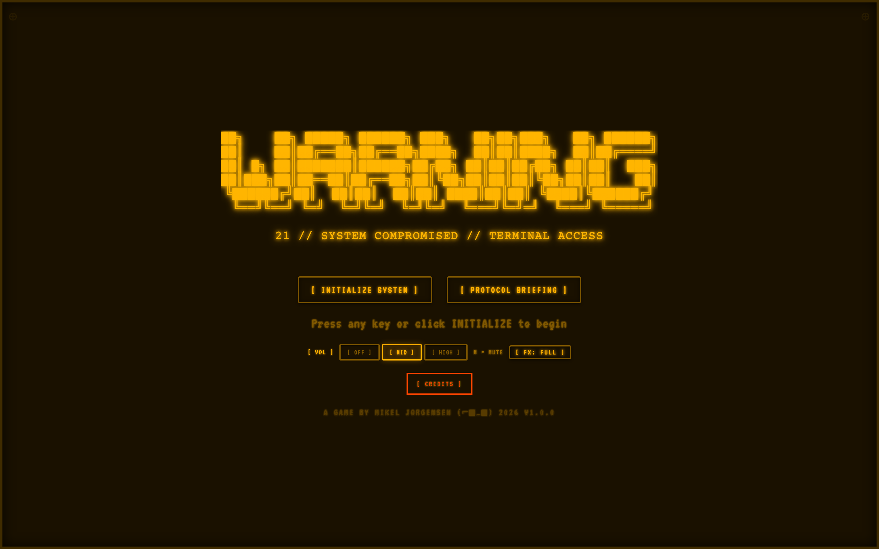 TERMINAL 21 boot splash screen showing the retro CRT terminal aesthetic with green phosphor text and amber accents