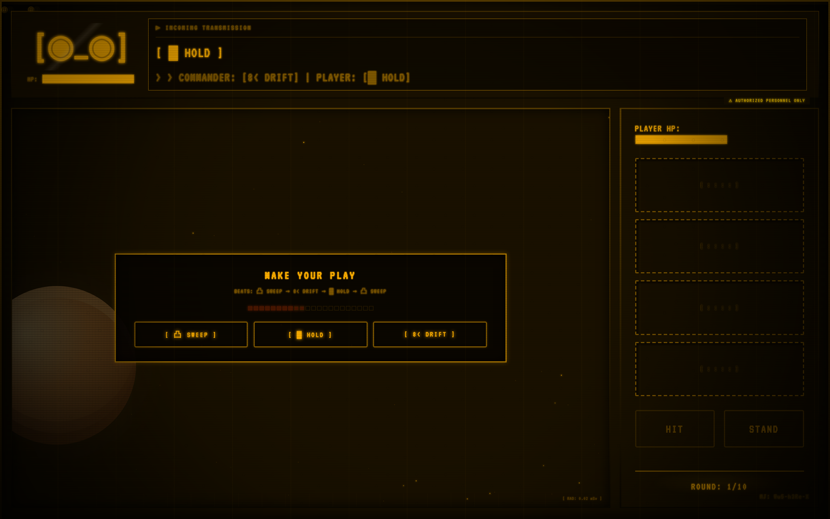 Slot reel protocol reveal showing three reels spinning with amber CRT text and the player selecting a flight path