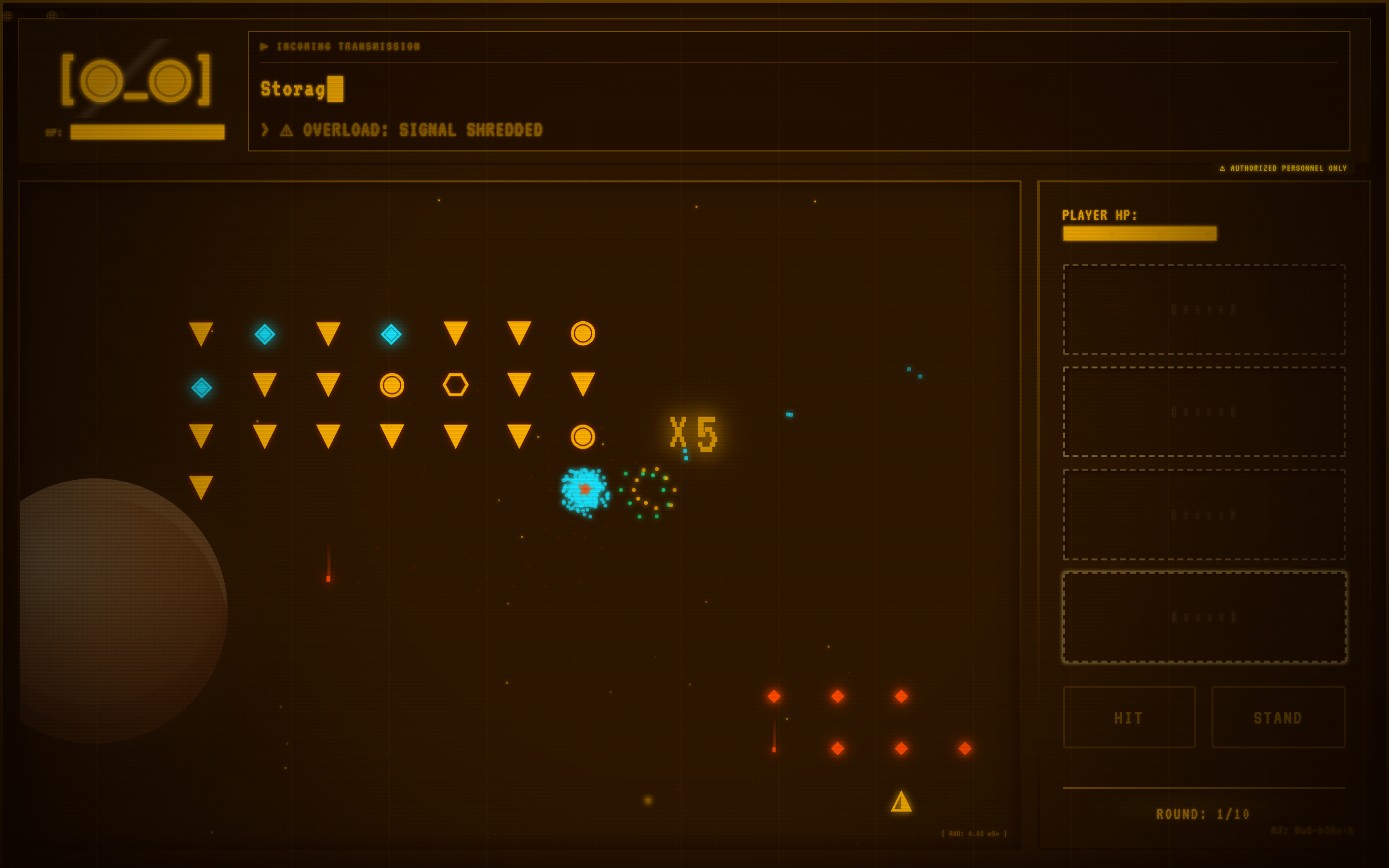 Invader formation combat with auto-firing ship, combo chain counter, parallax starfield, and pixel-art planet in the background